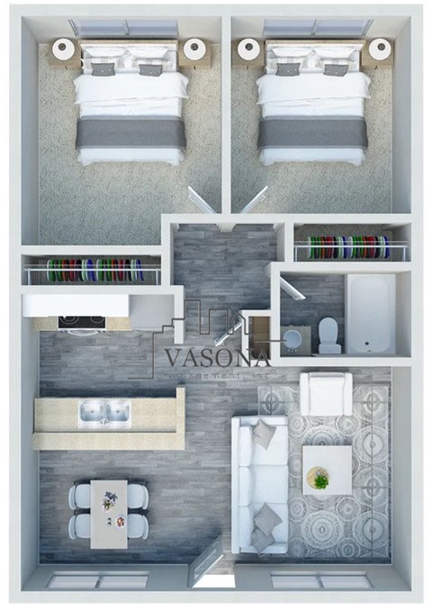 A Vasona bathroom layout with two toilets, a sink, and a shower.